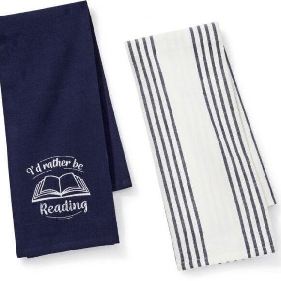 Barnes & Noble I'd Rather Be Reading Set of 2 Bar / Tea Towels Blue White NWT - Picture 1 of 5